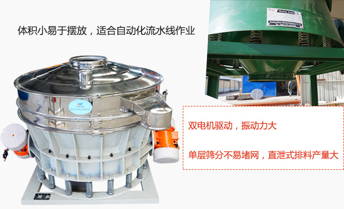 双电机驱动，振动力大，单层筛分不易堵网，直泄式排料产量大